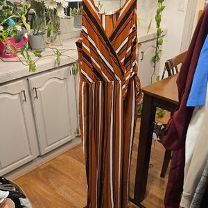 Rust Orange Black and White Striped Jumpsuit